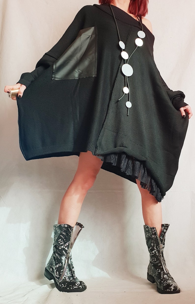 Black Asymmetrical Knitted Tunic, Oversized Long Sleeve Sweater, Plus Size Top image 9