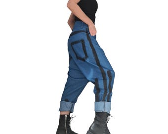 Denim Harem Pants, Extravagant Deep Drop Crotch Pants for Women