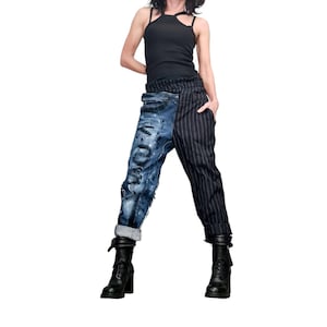 Extravagant Denim Pants, Asymmetric Denim Harem Pants, Painted Streetwear Pants, Deconstructed Denim, Women Denim Harem