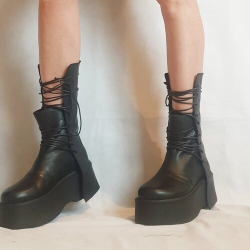 Extravagant Women Boots, Black Platform Shoes, Platform All seasons, Gothic Women Booties, Leather Ankle Boots, Platform Grunge Boots