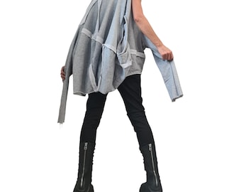 Graue asymmetrische Baumwolltunika | Dekonstruiert Übergroße Bluse | Gothic Avantgarde Top