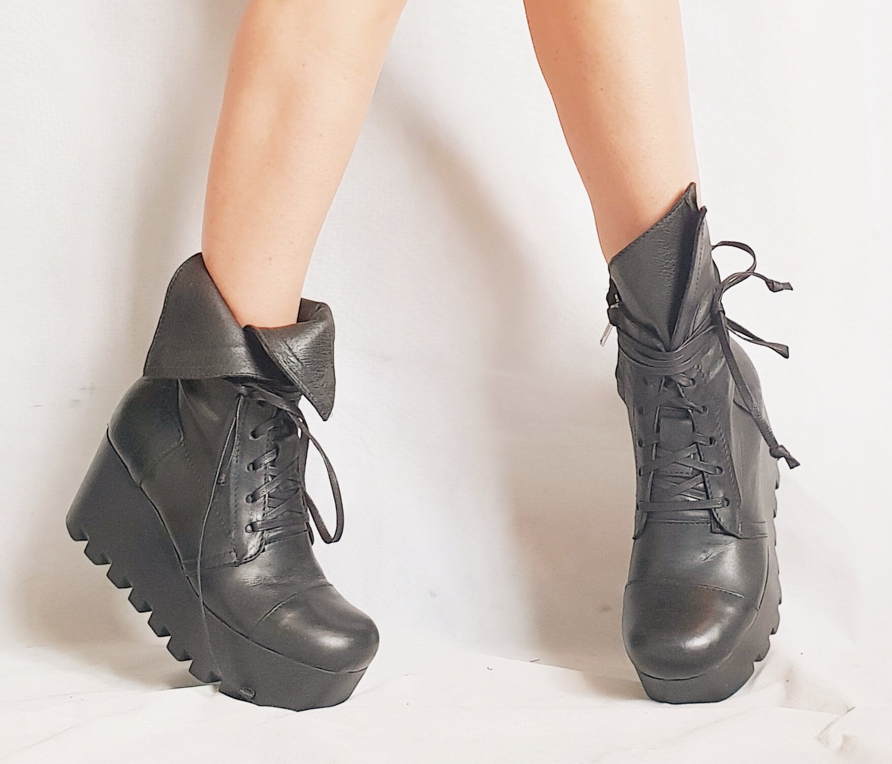 Black Platform Boots, Gothic Combat Booties, Steampunk Winter
