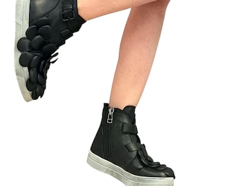 Black Leather Ankle Sneakers, Handmade Platform Shoes, Grunge Urban Footwear