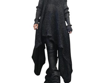 Black Glossy Asymmetrical Knitted Top, Open Shoulder Blouse, Oversized Sweater