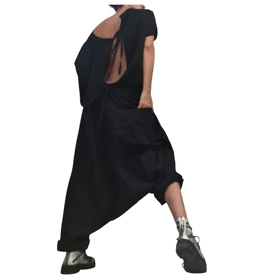 Black Gothic Harem Jumpsuit, Loose Drop Crotch Overall, Open Back