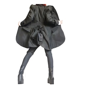Black Asymmetric Blazer, Fitted Peplum Jacket, Structured Shoulders with Gathered Back