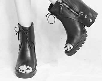 Open Toe Sandals, Gothic Shoes, Black Leather Shoes, Leather Booties, Steampunk Sandals, Heeled Boots, Extravagant Shoes, Grunge Shoes