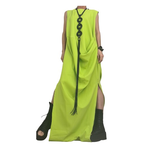 asymmetrical lime green maxi dress Asymmetrical Lime Green Midi Dress with Neck Tie