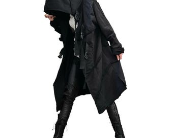 Colete preto com capuz feminino, casaco longo assimétrico sem mangas, roupa gótica feminina