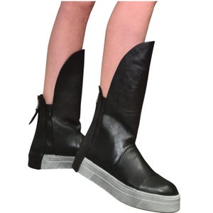Black Leather Platform Sneakers for Women, Avant Garde High Tongue Boots with Back Zipper image 13