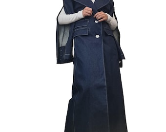 Dark Indigo Denim Trench Coat, Fitted Maxi Jacket, Convertible Zip-Off Sleeves, Avant Garde Vest
