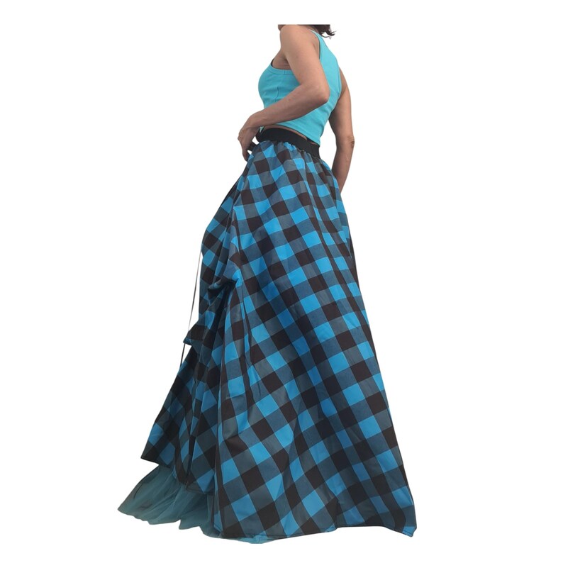 Tulle Asymmetric Skirt, Turquoise Blue Brown Plaid Ball, Long Short Skirt image 9