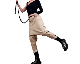 Beige Denim Harem Pants, Loose Drop Crotch Pants, Oversized Baggy Jeans, Plus Size Trousers
