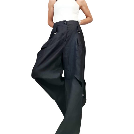 Black Linen Harem Pants for Women, Gothic Wide Leg Trousers With
