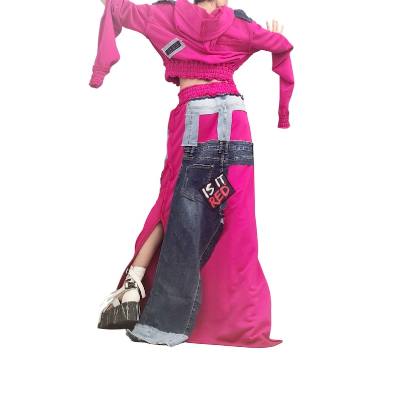 Long Cotton Skirt Switcher Set, Fuchsia Pink Handmade Outfit with Denim Elements, Asymmetrical Long Skirt Long Sleeve Top, Avant-Garde Set image 4