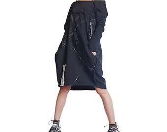 Schwarzes Baumwollkleid, Asymmetrischer High-Low-Saum, Übergröße