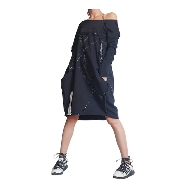 Black French Terry One Shoulder Dress, Asymmetric High Low Hem, Oversized  Sweatshirt Dress