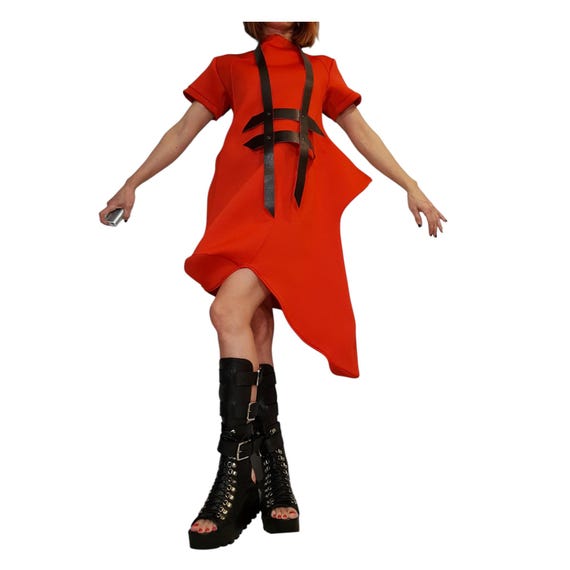 red neoprene dress Red Asymmetric Tunic, Sculptural Neoprene Dress, Avant Garde Dress for  Women