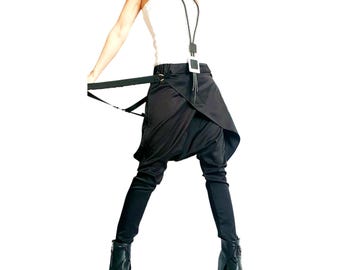 Black Drop Crotch Pants, Apron Panel Trousers, Tapered Leg