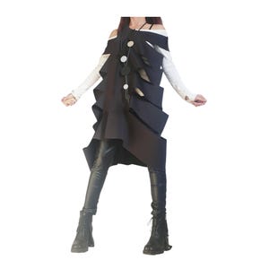 Black Asymmetric Neoprene Tunic, Side Cutouts, Oversized Gothic Top, Avant Garde Clothing