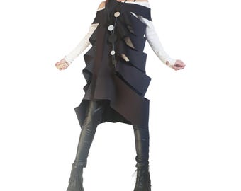 Black Asymmetric Neoprene Tunic, Deconstructed Gothic Top, Side Cutouts