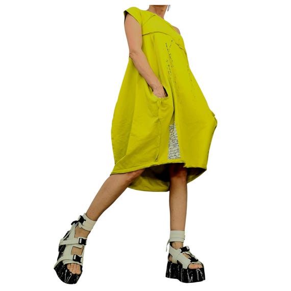 Pistachios Asymmetric Cotton Dress - Loose Fit Handmade Summer Tunic with Pockets