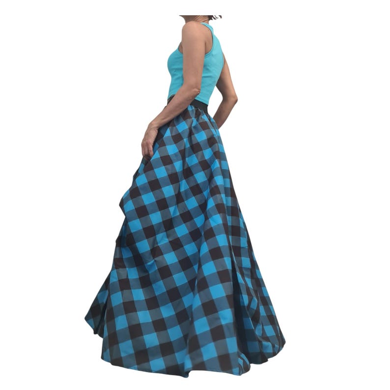 Tulle Asymmetric Skirt, Turquoise Blue Brown Plaid Ball, Long Short Skirt image 3