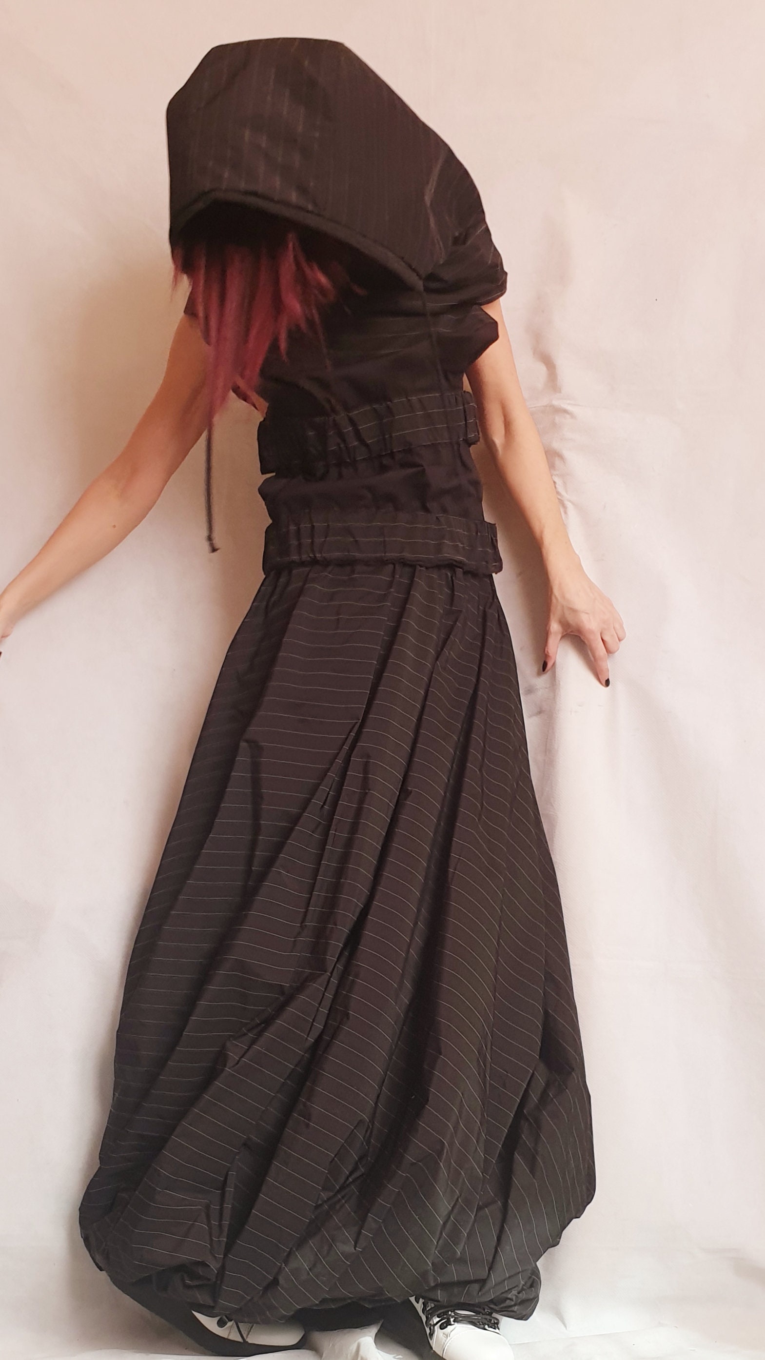 Set asymmetrische jas en rok, extravagante set, gotisch dameskostuum, lange rok, mouwen met capuchon, steampunkstijl