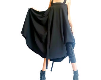 Tuta nera gotica, salopette asimmetrica a gamba larga, vestibilità ampia, abbigliamento d'avanguardia