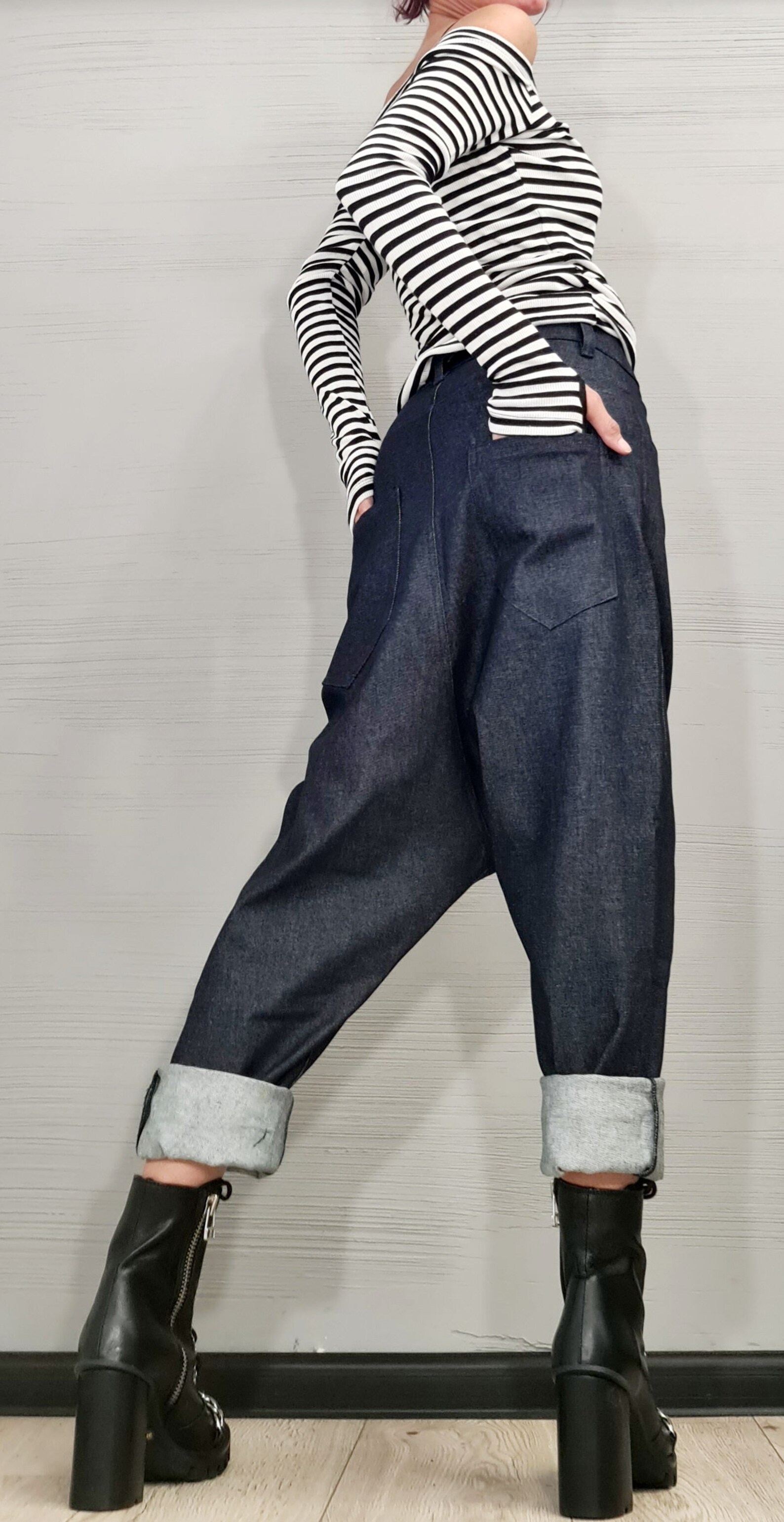 Classy Black Cinched Print denim harem Pants Winter main image 0