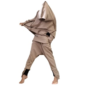 Beige Cotton Drop Crotch Harem Pants, Oversized Long Sleeve Hooded Top, Travel Co-Ord Set