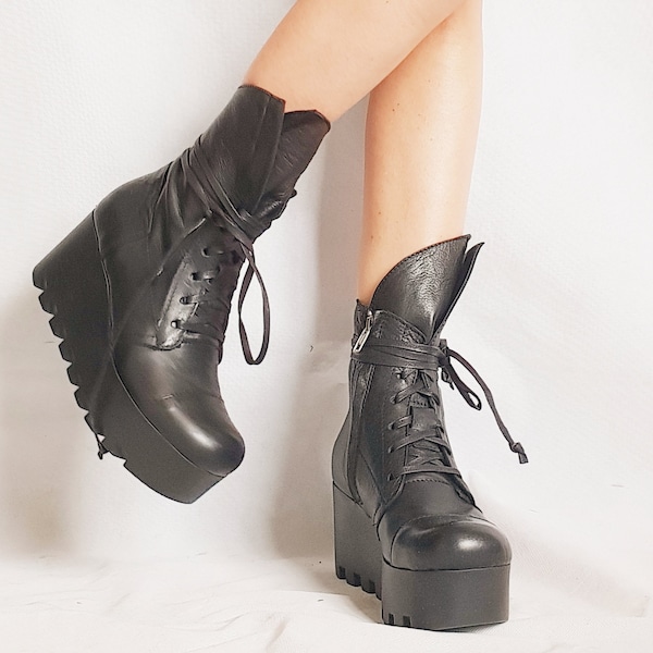 Platform Leather Boots, High Boots, Combat Boots, Women Boots, Genuine Leather Boots, Black Boots, Gothic Boots, Steampunk Boots, Winter