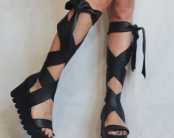 Schwarze Sandalen, kniehohe Sandalen, Ledersandalen, Gladiator Sandalen, Plateauschuhe, Steampunk Schuhe, Riemchensandalen, Gothic Sandalen