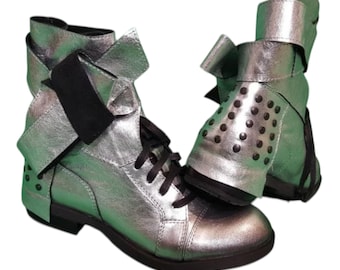 Silver Leather Boots, Grunge Ankle Booties, Steampunk Flat Shoes