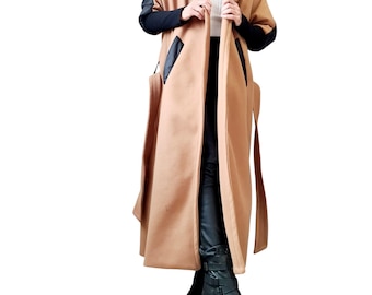 Beige and Black Asymmetrical Maxi Coat, Quilted Back Panel, Belted Long Winter Overcoat