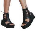 Black Leather Open Toe Platform Wedge Ankle Gladiator Sandals for Women Gothic Style product logo