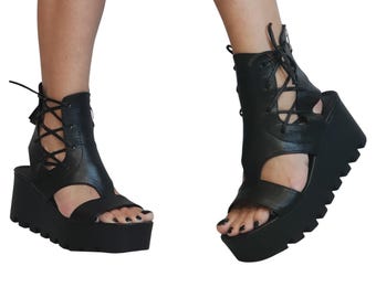 Black Leather Open Toe Platform Wedge Ankle Gladiator Sandals for Women Gothic Style