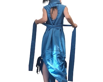 Blue Asymmetric Taffeta Dress, Sleeveless Cocktail Maxi Dress