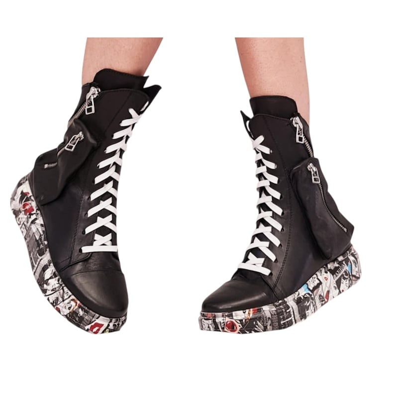 Handmade Black Leather Boots, Conceptual Design, High Top Statement Footwear image 8