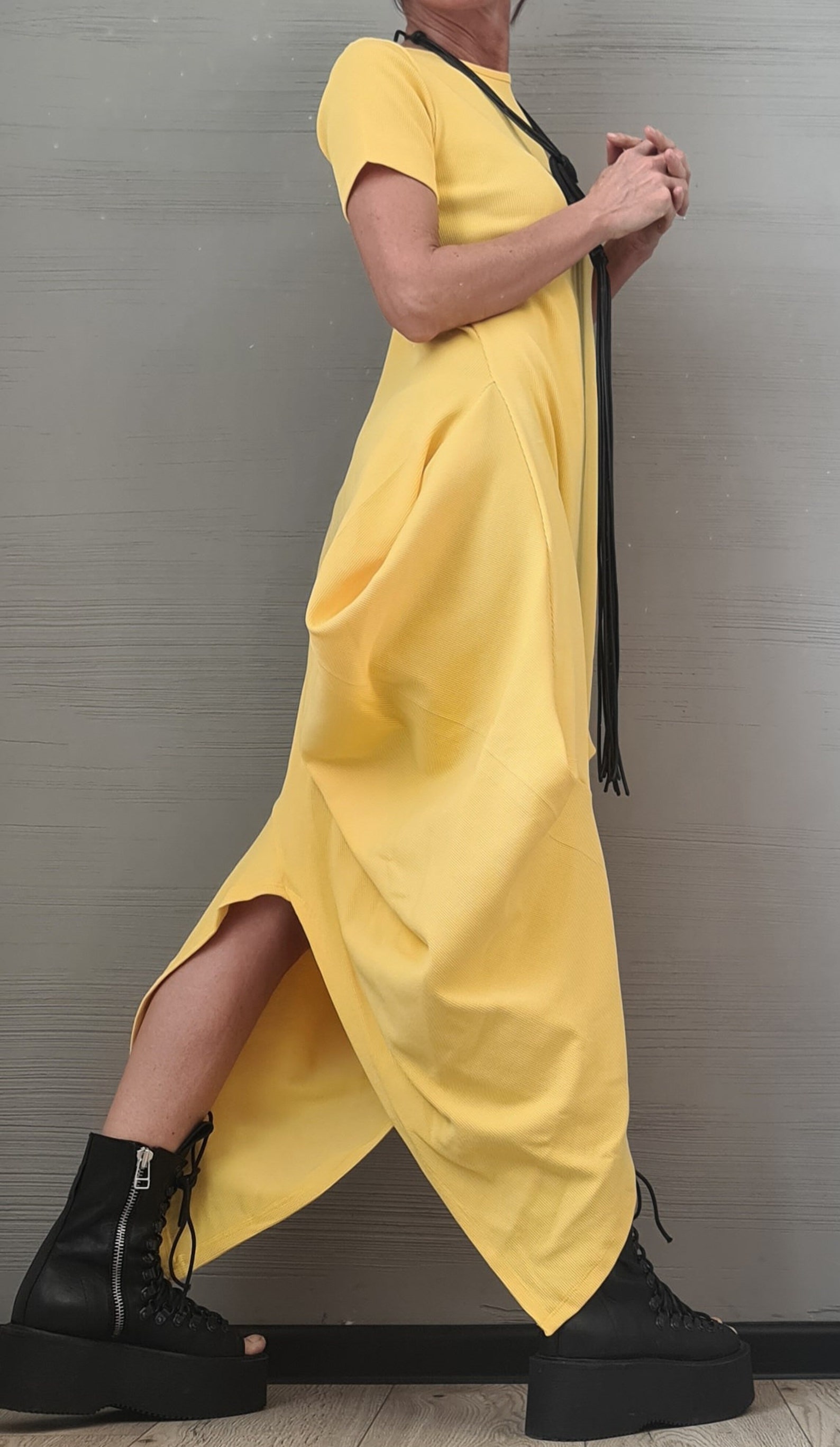 Yellow Draped One - Shoulder Evening Gown asymmetrical pleated maxi dress in Yellow Evening Dress