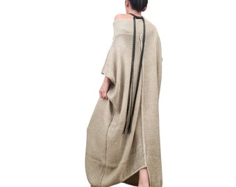Beige Extravagant Knitted Dress, Oversized Long Sweater, Avant Garde Knit Tunic