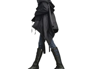Chaqueta de invierno negra asimétrica, con dos capuchas, estilo gótico.