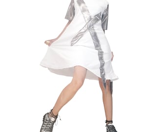 Túnica de algodón blanco plateado, vestido con elementos plateados, corte en A, manga corta para mujer