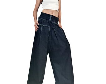 Pantaloni harem in denim d'avanguardia, pantaloni larghi a vita alta da donna