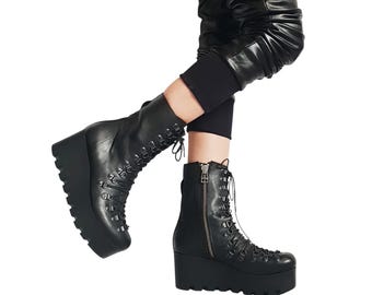 Black Platform Boots, Gothic Ankle Booties, Leather Steampunk Style, Avant Garde Women Footwear