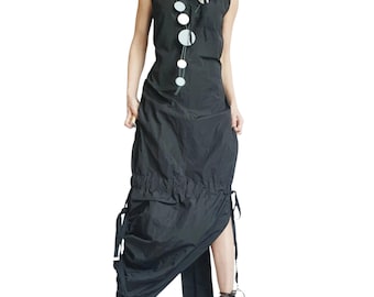 Black Asymmetric Taffeta Maxi Dress, Open Back, Gothic Fit