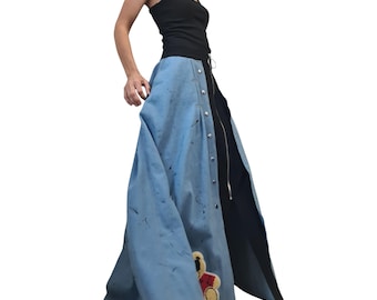 Deconstructed Avant Garde Cotton Denim Long Skirt, Extravagant Design