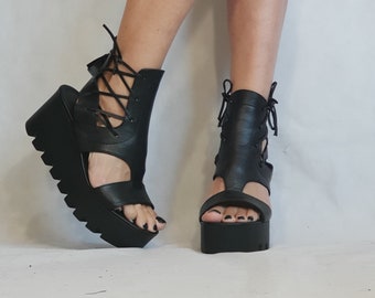 Leather Shoes, Platform Shoes, Gothic Sandals, Steampunk Shoes, Platform Sandals, Black Wedges, Gothic Shoes, Black Leather Sandals, Strappy