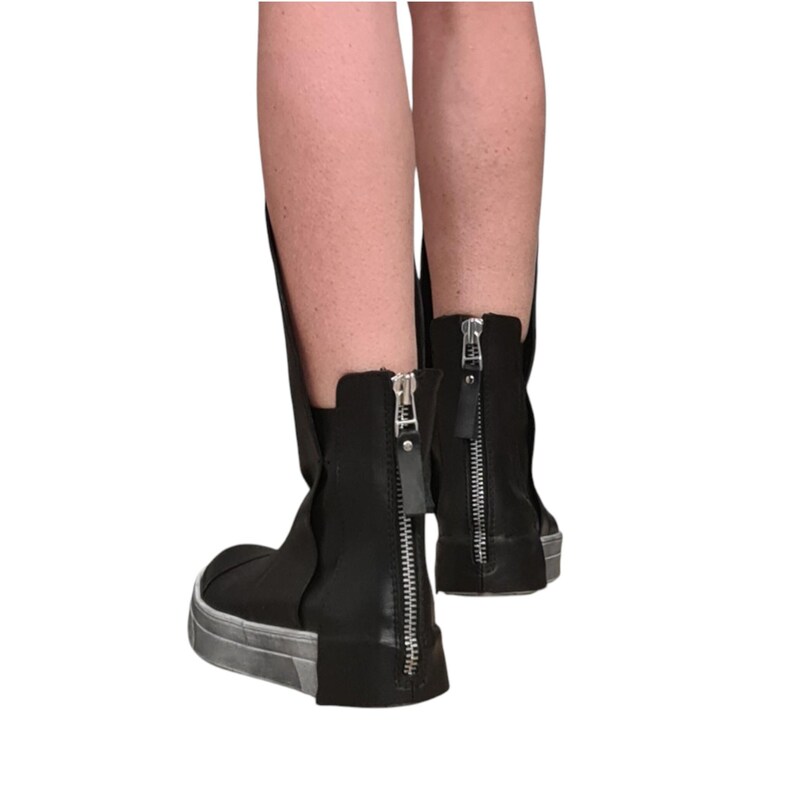 Black Leather Platform Sneakers for Women, Avant Garde High Tongue Boots with Back Zipper image 9