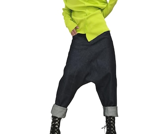 60% Off Denim Harem Pants, XXS Only, Unisex Baggy Jeans, Boho Drop Crotch Trousers